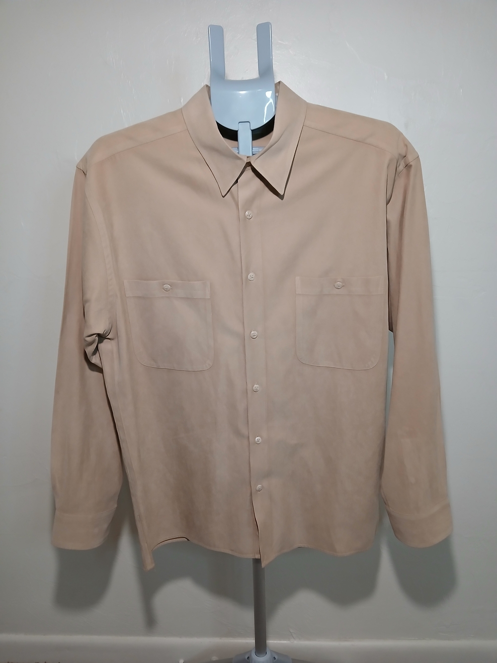 90s Vintage "Minimalist Retro" 'Crossings' Faux-suede Casual Beige Shirt L